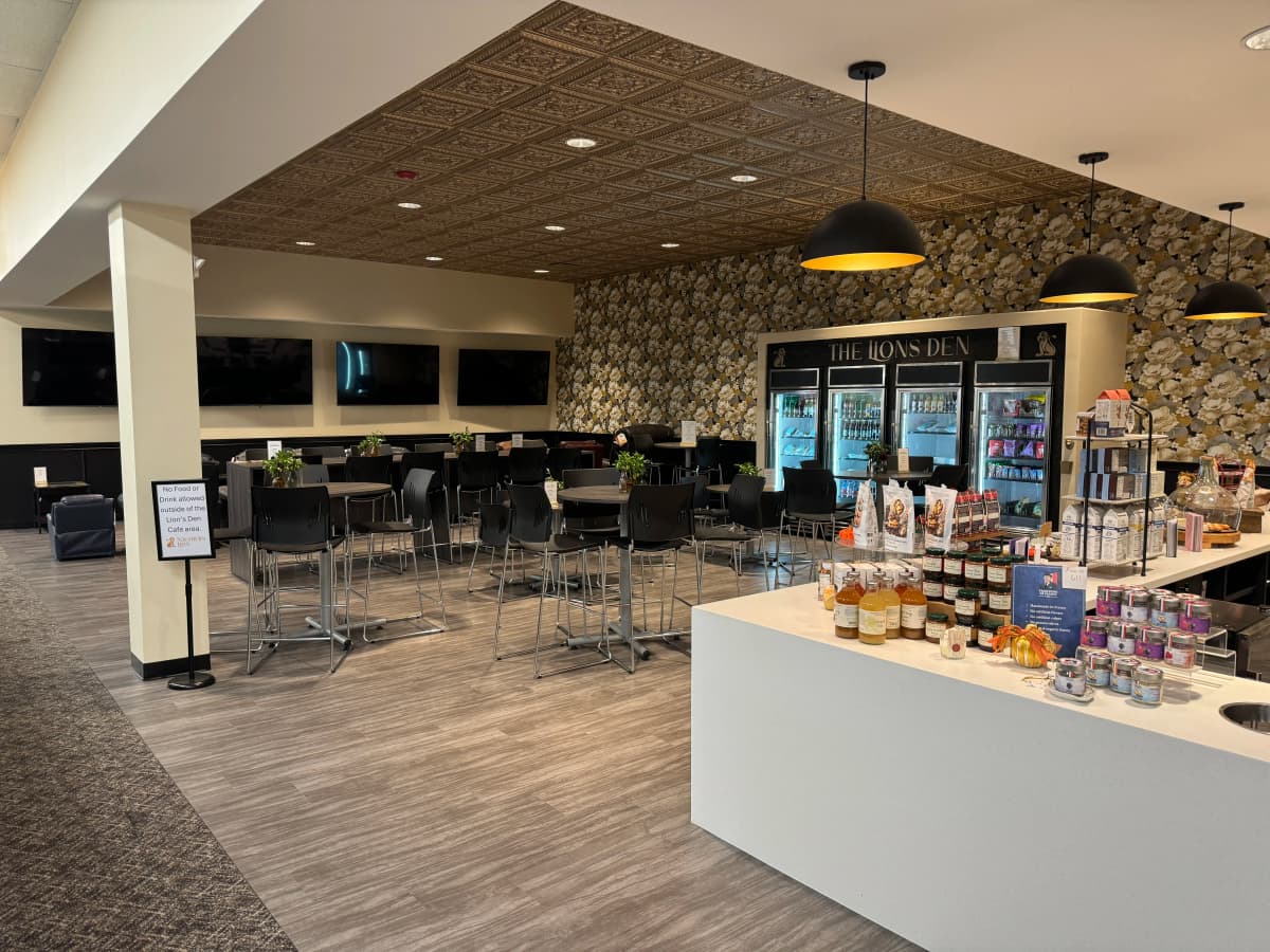 Luxury hotel lobby with automated guest services